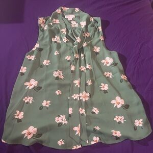 Rachel Zoe Green Sleeveless Floral Tie-Neck Blouse